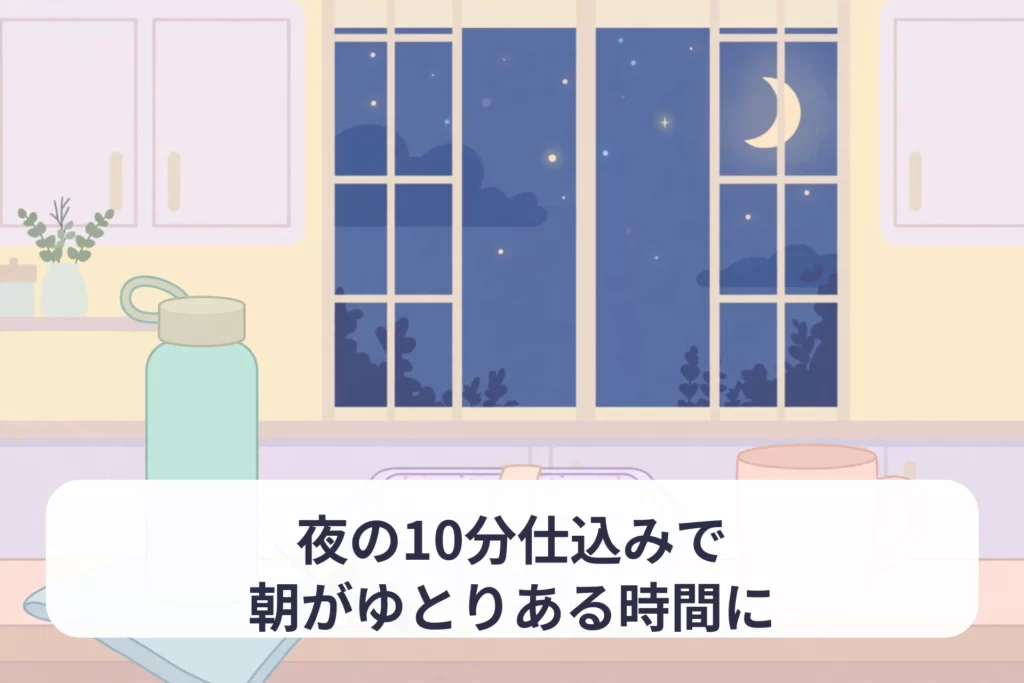 夜のキッチンカウンターに翌朝用の水筒とお弁当箱、マグカップが並ぶイラスト