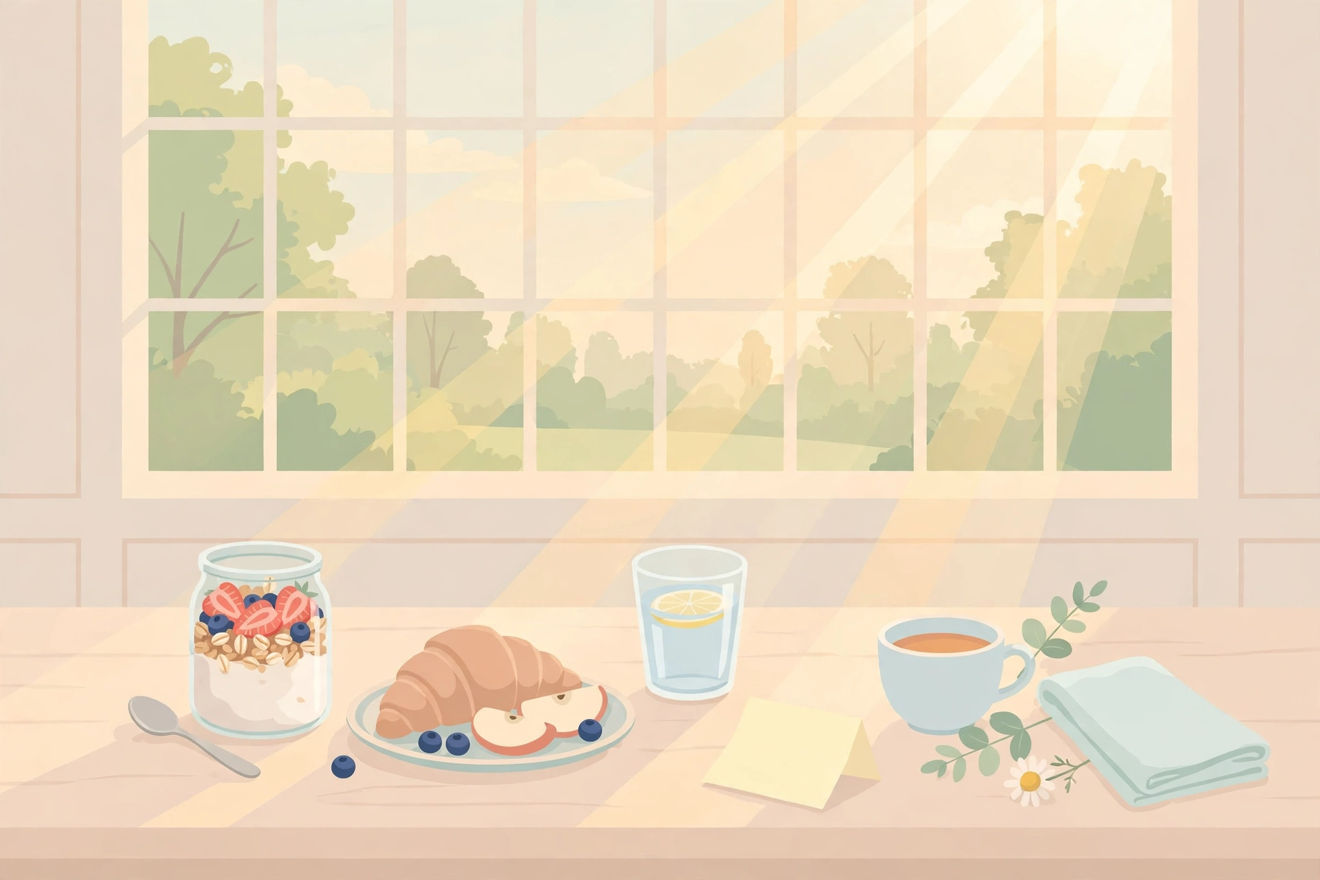 朝のダイニングテーブルに朝食セットとメモが置かれたイラスト