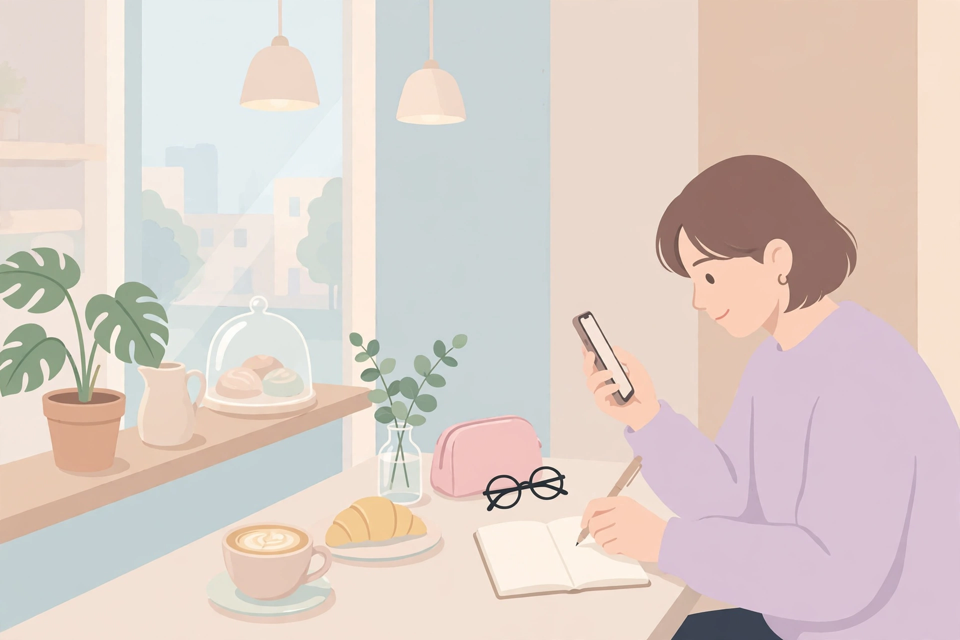 ネタ帳にアイデアを書き留める様子のイラスト
