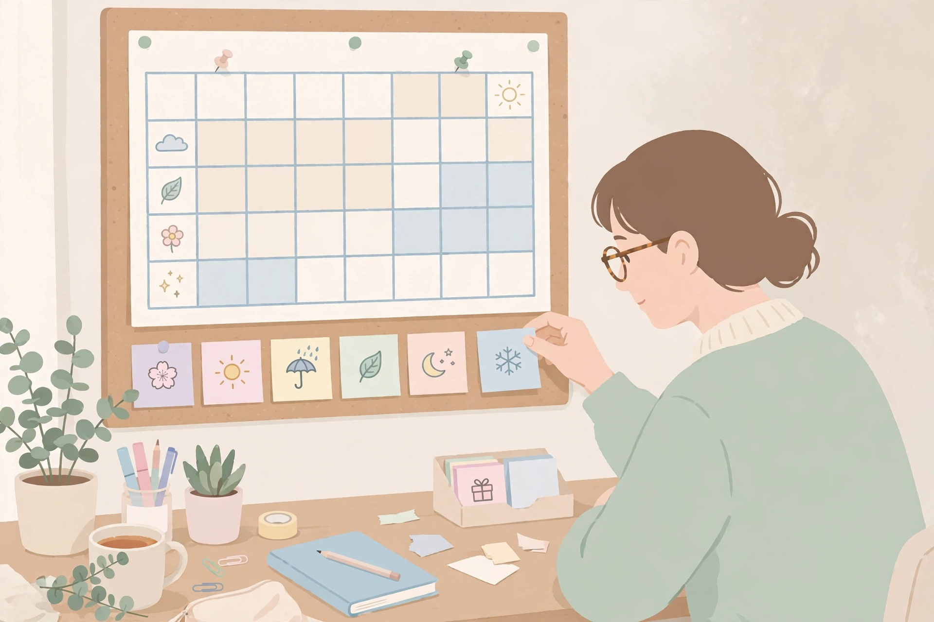 ネタ帳から1か月分のテーマを計画する様子のイラスト